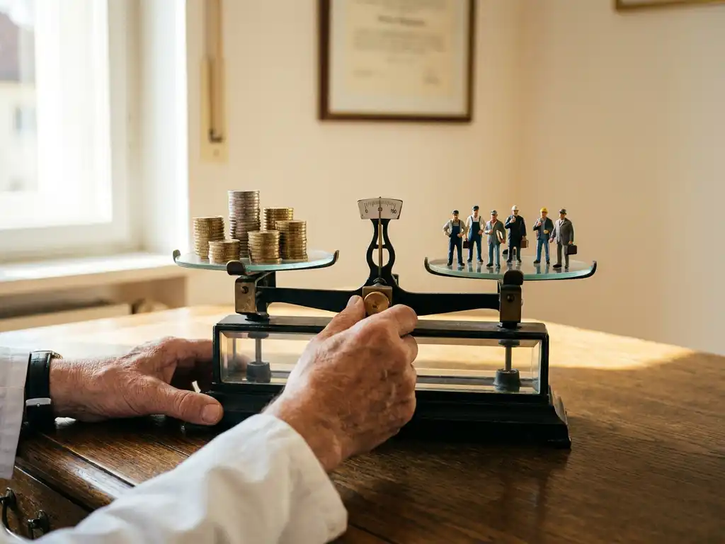 Geschäftsinhaber balanciert Lohnkosten auf analoger Waage mit Euromünzen und Mitarbeiterfiguren auf Eichenholzschreibtisch.