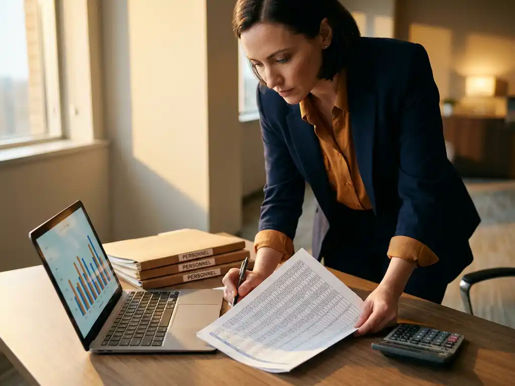 HR-Managerin analysiert Gehaltsabrechnungen neben Laptop mit Kostengrafiken, Personalakten und Taschenrechner auf modernem Schreibtisch.