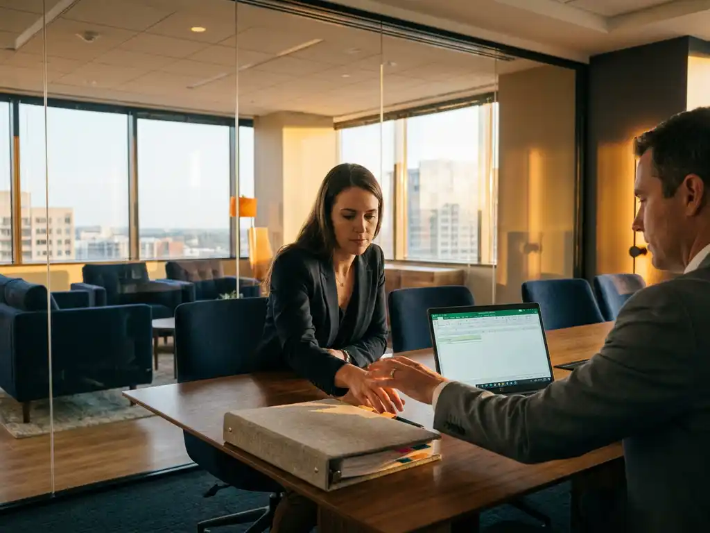 HR-Managerin übergibt Personalkosten-Ordner an externen Berater am modernen Konferenztisch mit offenem Laptop und Tabellenkalkulationen.