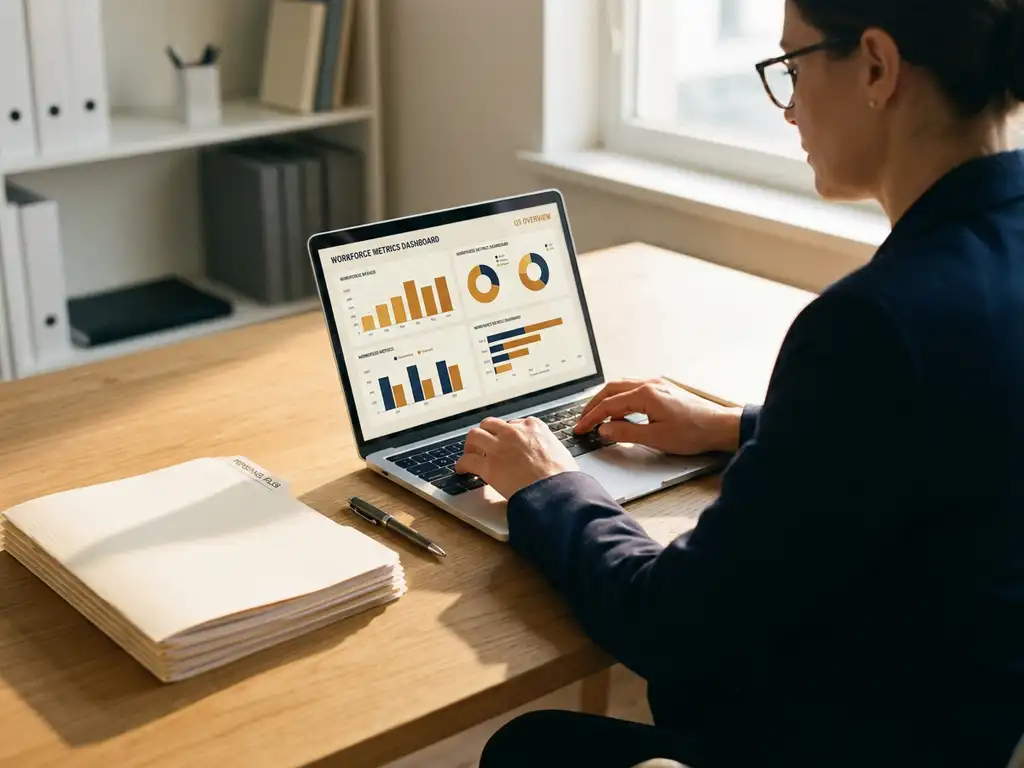 HR-Managerin analysiert Personalmetriken auf modernem Laptop, umgeben von Personalakten auf aufgeräumtem Eichenschreibtisch im warmen Morgenlicht.