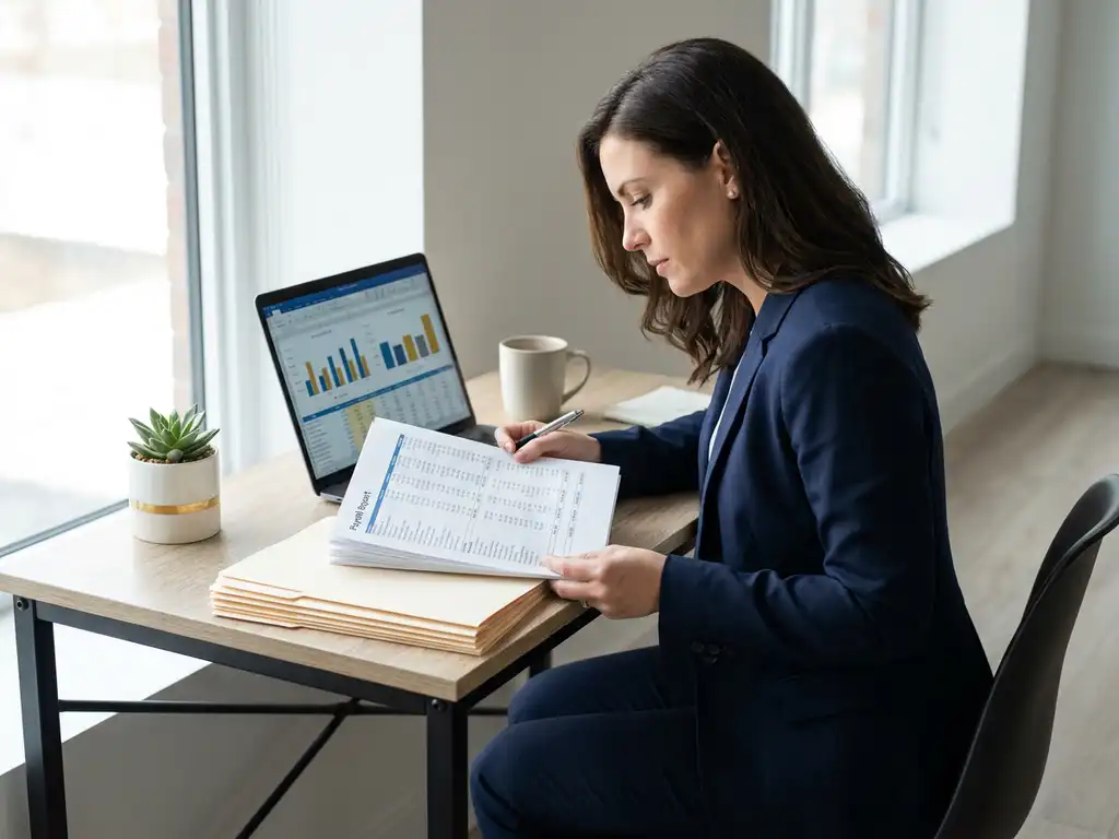 HR-Managerin prüft Gehaltsabrechnung am modernen Schreibtisch mit Laptop, Dokumenten und kleiner Zimmerpflanze im warmen Bürolicht.