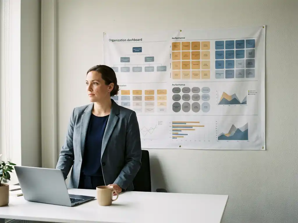 HR-Managerin analysiert gedrucktes Dashboard mit Organigrammen und Leistungsrastern an Bürowand, Laptop und Kaffeetasse auf weißem Schreibtisch.