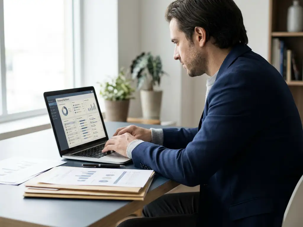 HR-Managerin analysiert Personaldashboard auf Laptop, umgeben von Ordnern und Berichten auf modernem Schreibtisch.