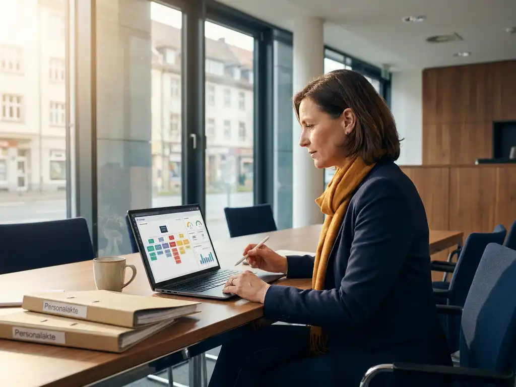 HR-Managerin analysiert Organigramm und Workforce-Dashboard auf Laptop im modernen Büro mit Panoramafenstern und warmem Morgenlicht.