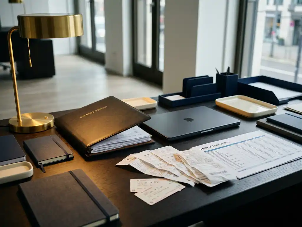 Aufgeschlagener Lederordner mit Spesenabrechnung, Quittungen und Zugtickets auf modernem Büroschreibtisch neben Laptop, warmes Lampenlicht.