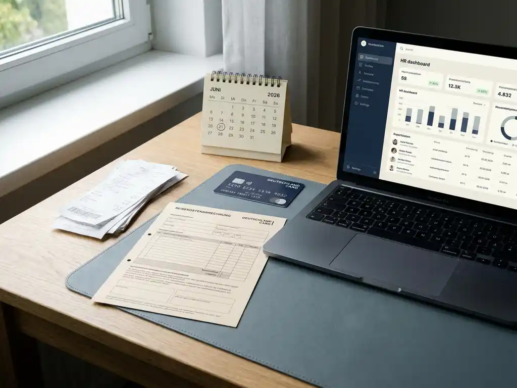 Deutscher Büroschreibtisch mit Reisekostenabrechnung, Kalender 2026, Firmenkreditkarte, Belegen und Laptop mit HR-Dashboard.