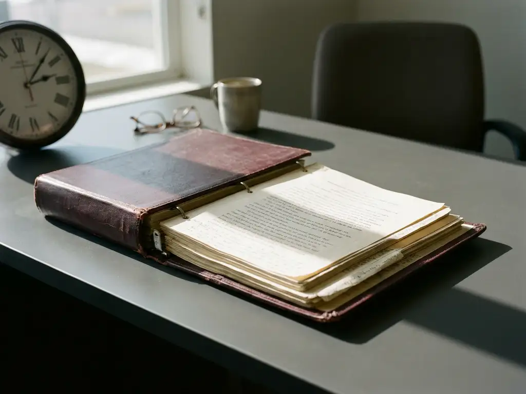 Aufgeschlagenes Leder-Arbeitsbuch auf modernem Schreibtisch, analoge Wanduhr wirft scharfen Schatten auf die Seiten.