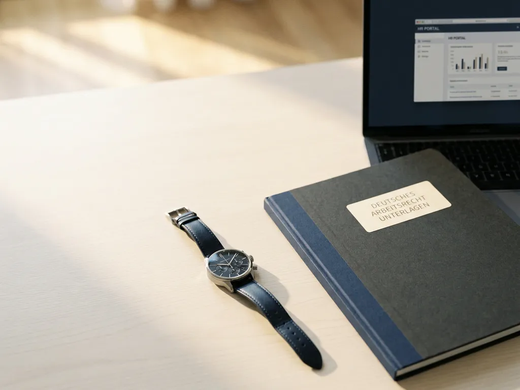 Armbanduhr auf modernem Schreibtisch neben Ordner mit deutschem Arbeitsrecht, HR-Software auf Laptop im Hintergrund, natürliches Morgenlicht.