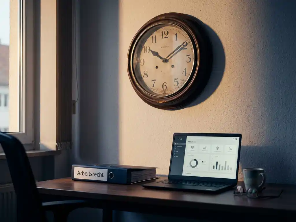 Analoge Wanduhr über einem Büroschreibtisch mit Arbeitsrecht-Ordner und HR-Software-Laptop, weiches Licht betont vergangene Arbeitszeit.