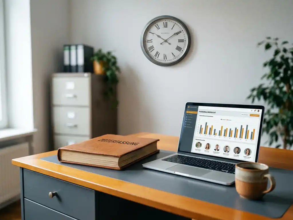 Analoge Wanduhr über einem deutschen Büroschreibtisch mit gestapeltem Stundenzettel-Ordner, Laptop mit HR-Dashboard und Kaffeetasse.