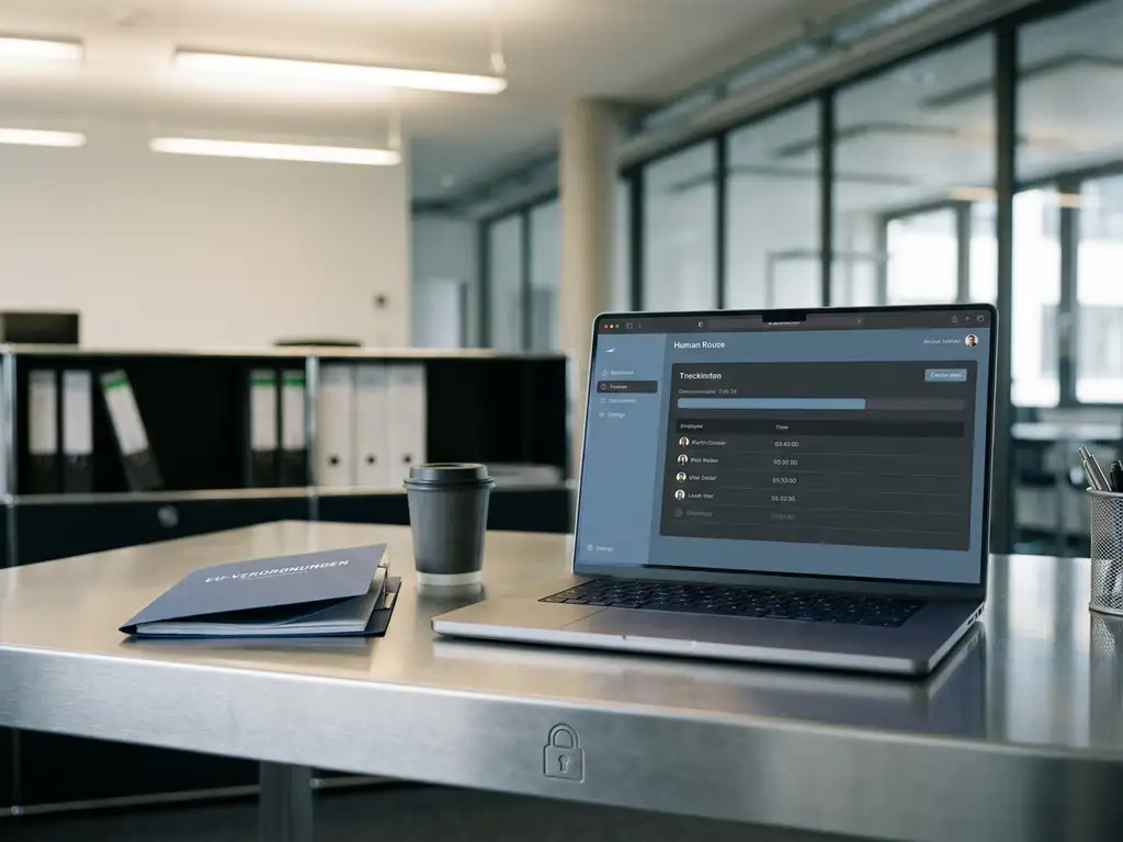 Moderner HR-Arbeitsplatz mit digitalem Zeiterfassungssystem auf Laptop, EU-Regelwerk-Ordner und eingraviertem Schloss auf Aluminium-Schreibtisch.