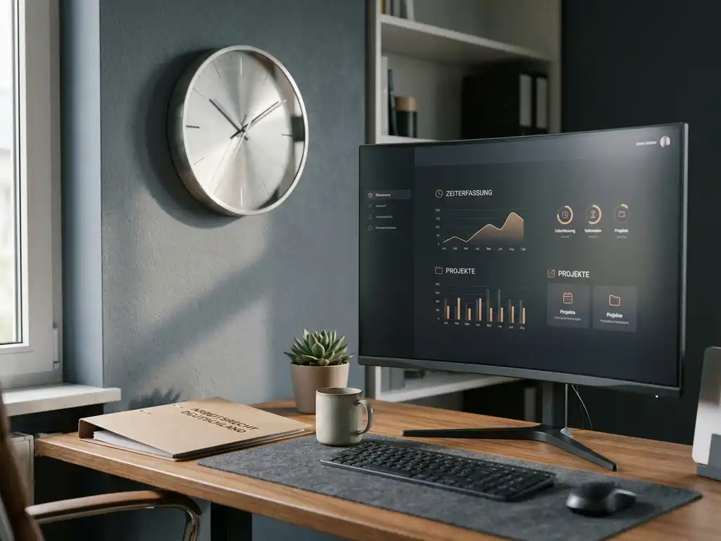 Digitale Zeiterfassungsoberfläche auf einem HR-Arbeitsplatz neben analoger Wanduhr und Ordner mit Arbeitsrechtsdokumenten.