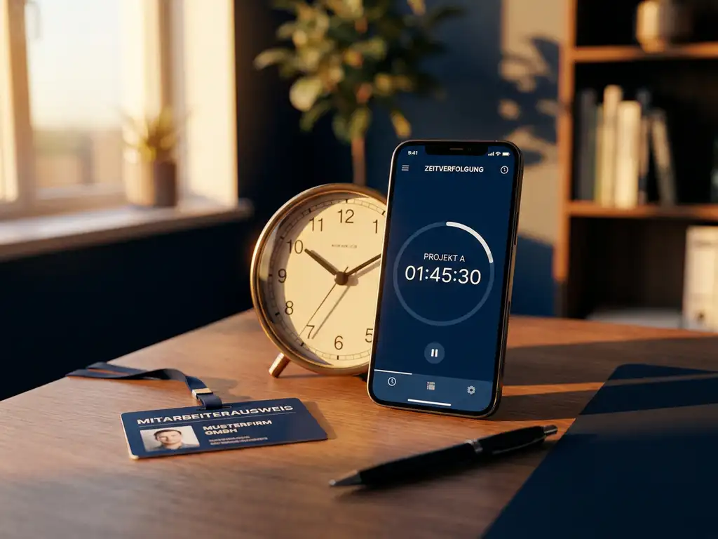 Smartphone mit digitaler Zeiterfassungs-App neben analoger Tischuhr und Mitarbeiterausweis auf modernem Schreibtisch im goldenen Abendlicht.