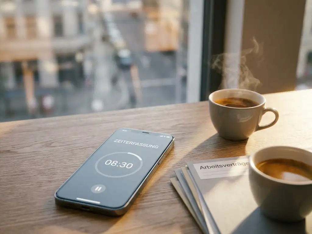 Smartphone mit digitaler Zeiterfassungs-App auf einem Schreibtisch neben Arbeitsverträgen und Kaffeetasse im morgendlichen Bürolicht.