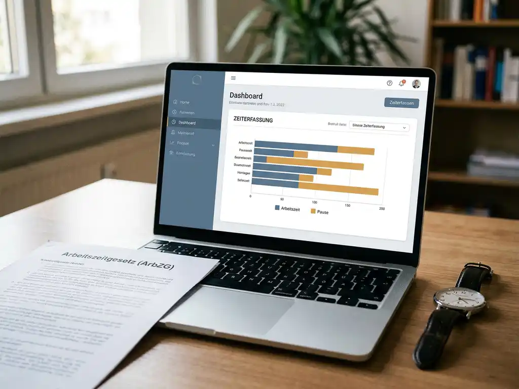 HR-Software-Dashboard auf Laptop mit digitaler Zeiterfassung, deutsches Arbeitsrecht-Dokument und Armbanduhr auf Schreibtisch.
