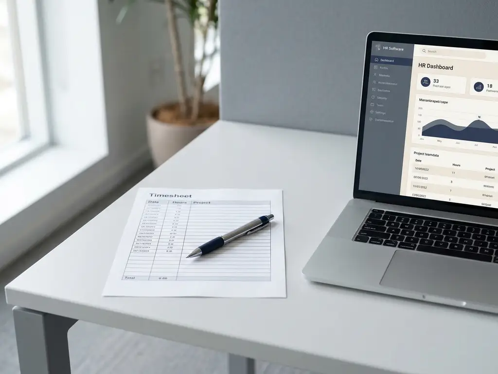 Ausgedrucktes Stundenzettel-Dokument auf modernem Bürotisch neben HR-Software-Dashboard auf Laptop, Kugelschreiber darauf platziert.