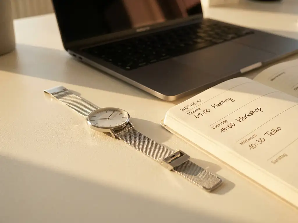 Silberne Armbanduhr neben einem aufgeschlagenen Wochenplaner mit handschriftlichen Zeiteinträgen auf einem weißen Schreibtisch im goldenen Abendlicht.