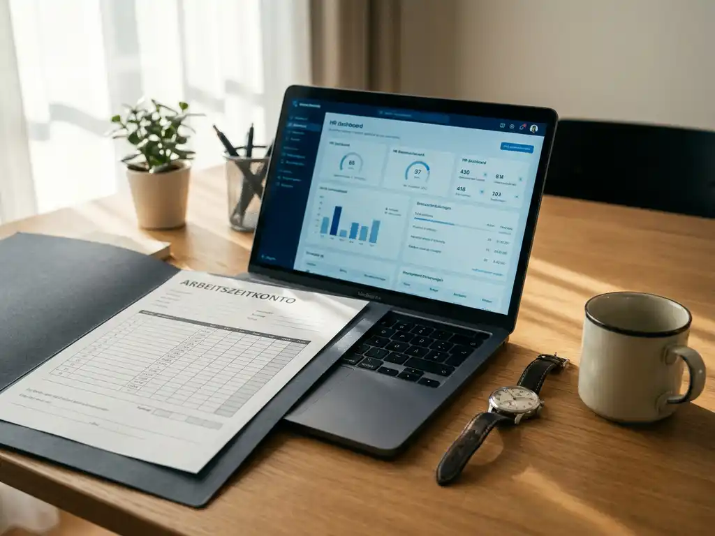 Arbeitszeitkonto-Zeiterfassungsbogen auf einem aufgeräumten Büroschreibtisch neben Laptop mit HR-Dashboard, Armbanduhr und Kaffeetasse.