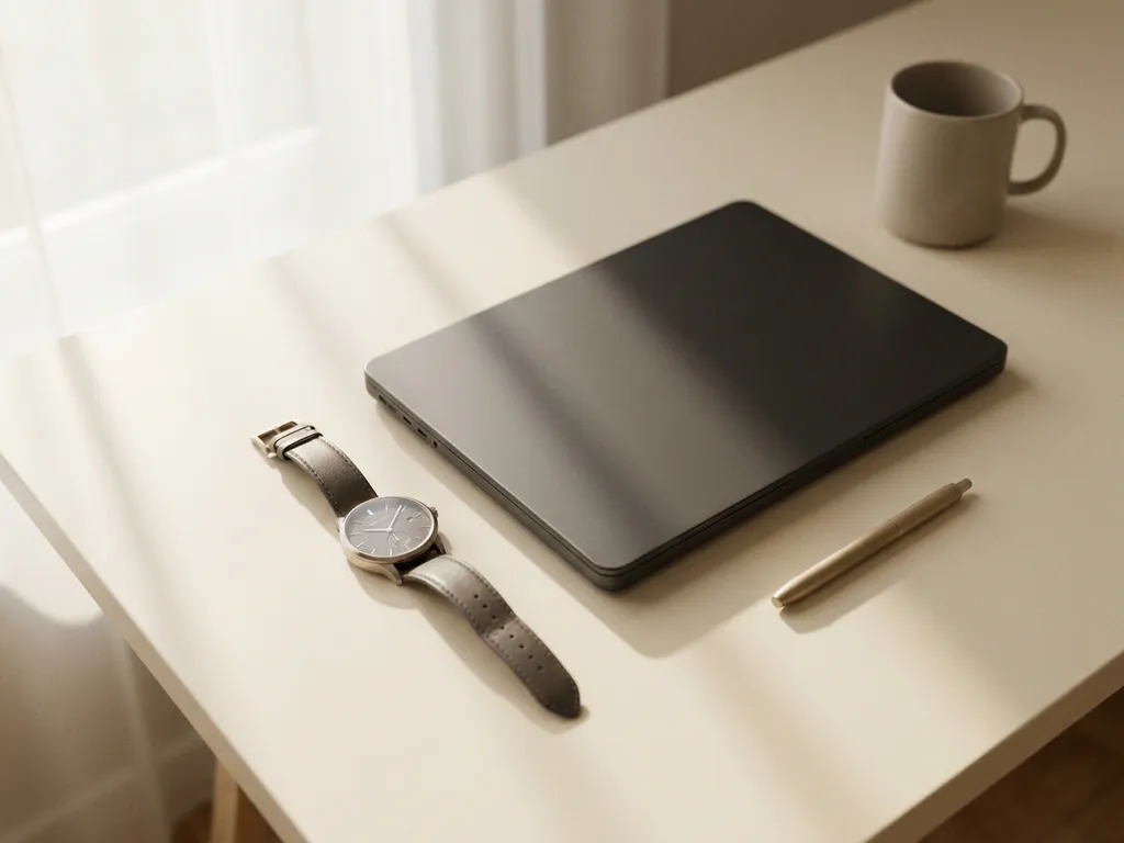 Armbanduhr neben zugeklapptem Laptop auf modernem Schreibtisch, warmes Morgenlicht, flache Aufsicht, ruhige HR-Arbeitsatmosphäre.