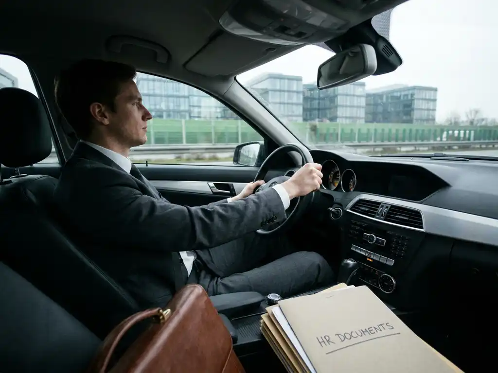 Unternehmensberater in Businesskleidung fährt auf der Autobahn, Aktenkoffer und HR-Dokumente auf dem Beifahrersitz.