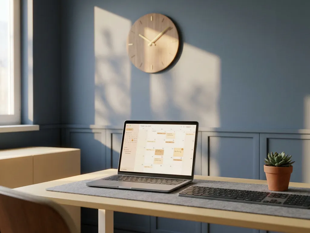Moderner Schreibtisch mit aufgeklapptem Laptop, Kalender-Interface, Analoguhr und kleiner Topfpflanze im warmen Bürolicht.