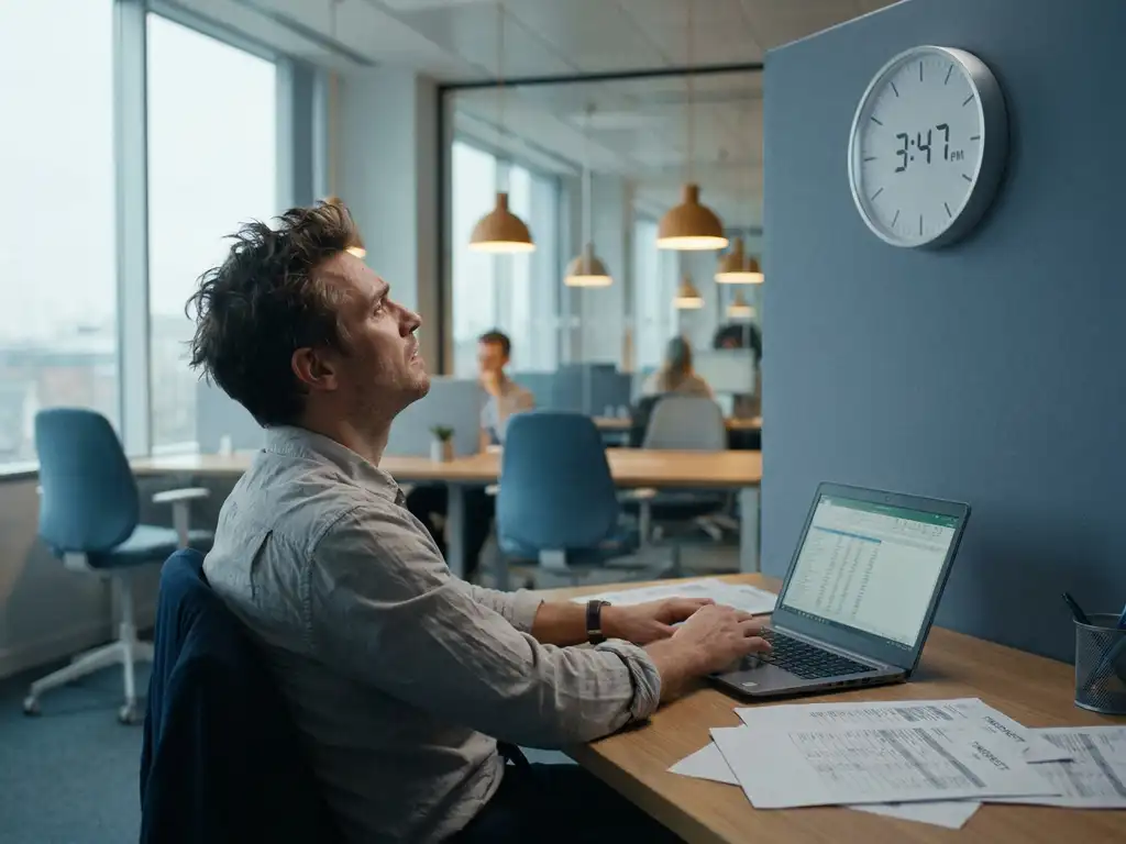 Frustrierter Büroangestellter blickt auf Wanduhr, umgeben von Stundenzetteln und Laptop im modernen HR-Büro.