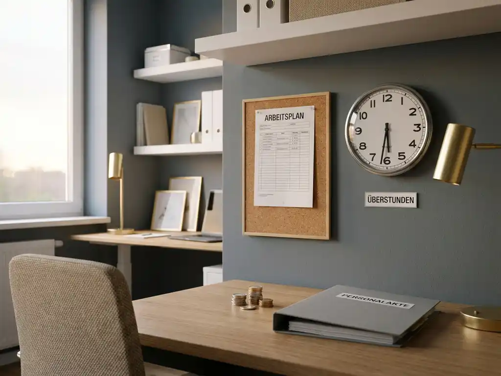 Aufgeräumter Büroschreibtisch mit Dienstplan, analoger Wanduhr und Euromünzen neben einem HR-Ordner.