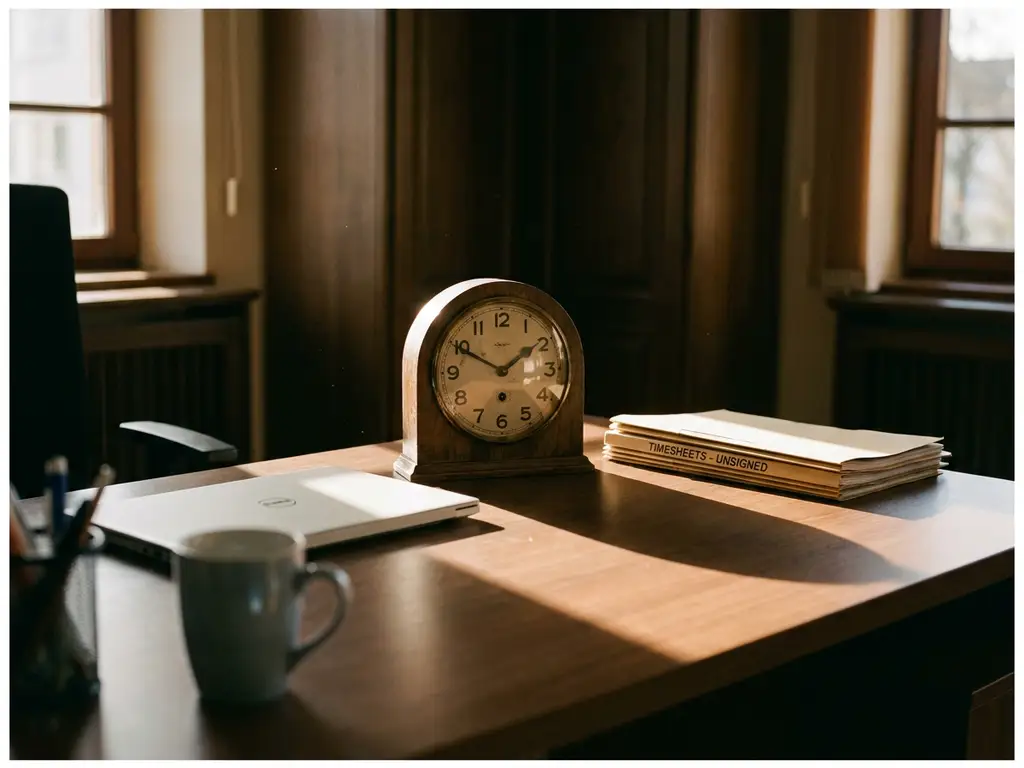 Analoge Wanduhr wirft dramatischen Schatten auf Büroschreibtisch mit unbearbeiteten Arbeitszeitnachweisen neben zugeklapptem Laptop.