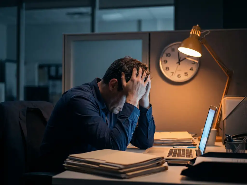 Erschöpfter Büroangestellter am Schreibtisch spät nachts, Laptop leuchtet blau, Wanduhr zeigt späte Stunde, Aktenstapel im Hintergrund.