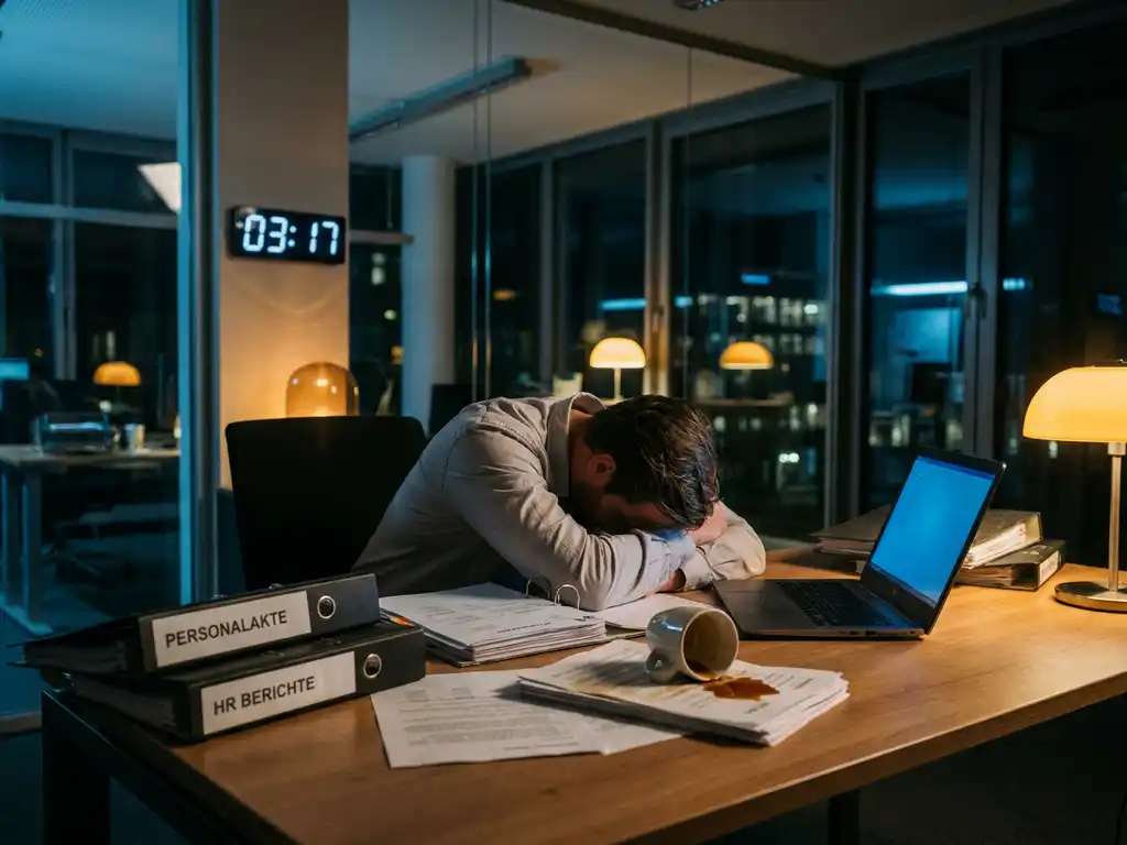 Erschöpfter Büroangestellter schläft nachts am Schreibtisch ein, umgeben von HR-Dokumenten, Laptop und umgekippter Kaffeetasse.