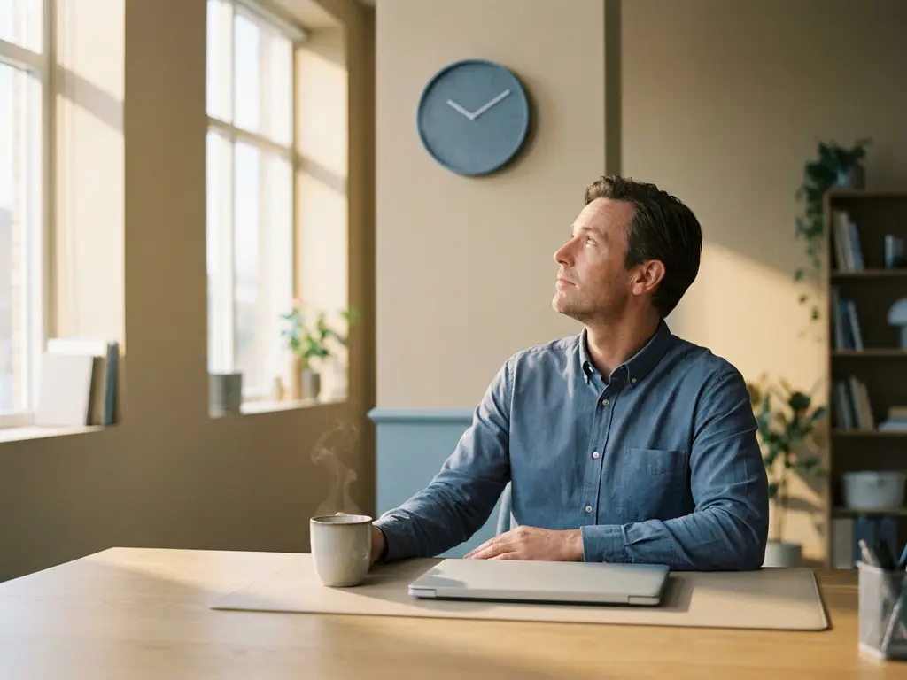 Berufstätiger im Business-Casual-Hemd blickt auf Wanduhr über modernem Schreibtisch mit Kaffeetasse und Laptop im warmen Nachmittagslicht.