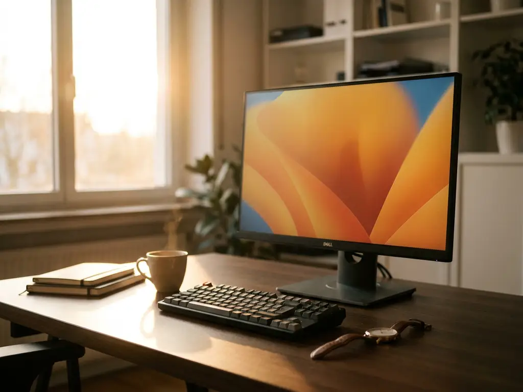 Eingeschalteter Desktop-Computer an einem aufgeräumten Büroarbeitsplatz, Armbanduhr neben der Tastatur, warmes Morgenlicht.
