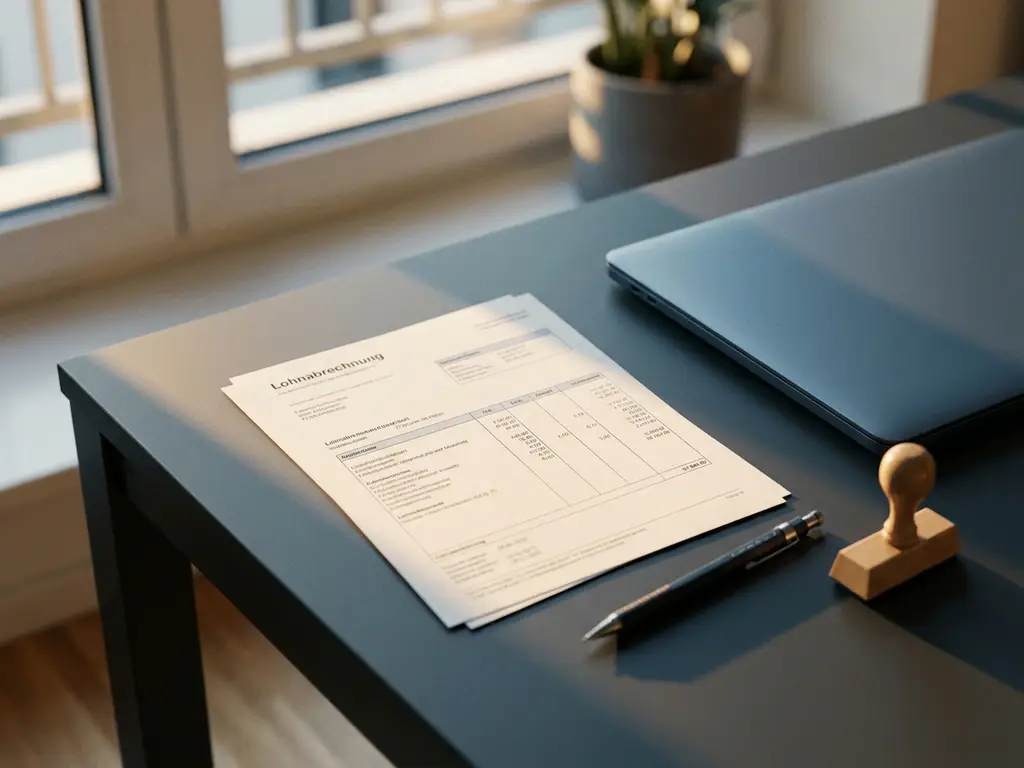 Deutsche Gehaltsabrechnung auf einem modernen Schreibtisch neben Laptop, Bleistift und Stempel im warmen Bürolicht.