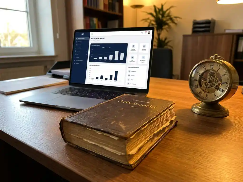 Aufgeschlagenes deutsches Arbeitsgesetzbuch neben HR-Software-Dashboard auf Büroschreibtisch, mechanische Tischuhr im Hintergrund, natürliches Fensterlicht.