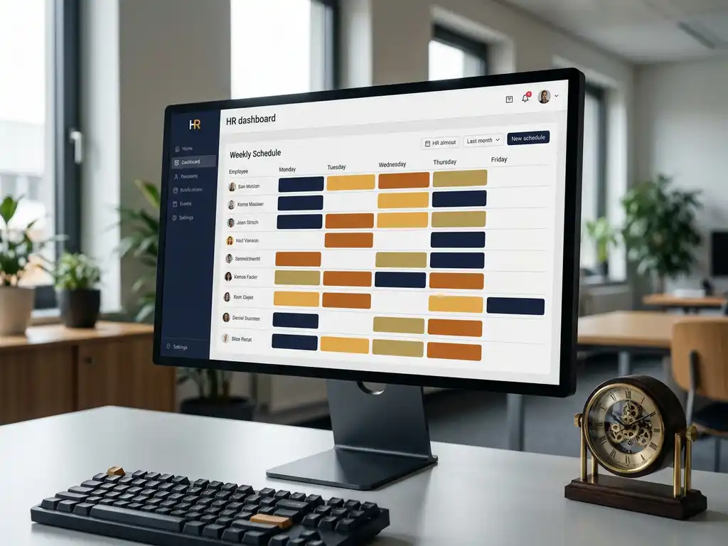 HR-Software-Dashboard mit farbcodierten Schichtblöcken auf modernem Monitor, mechanische Tischuhr daneben, deutsches Büro im Hintergrund.