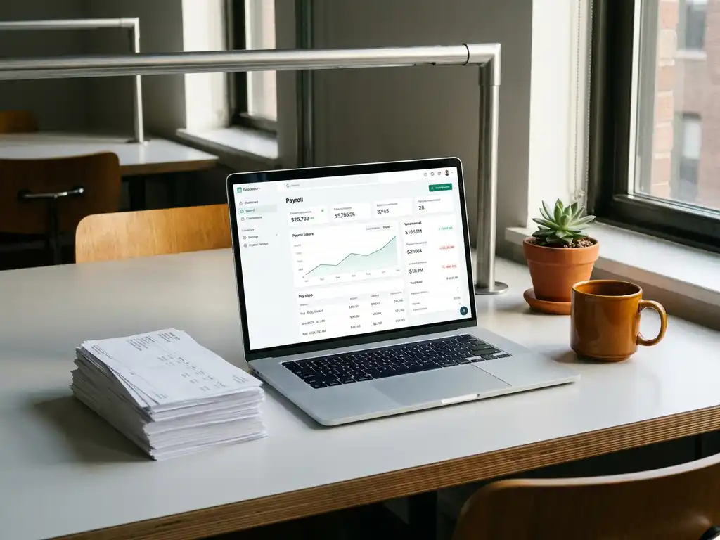 Laptop mit digitalem Gehaltsabrechnungs-Dashboard auf modernem Büroschreibtisch, daneben ein abnehmender Stapel Papier-Gehaltszettel, Zimmerpflanze und Kaffeetasse.