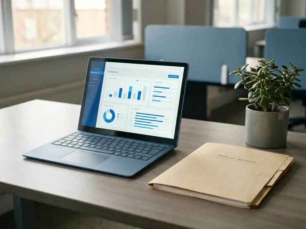 Laptop mit digitalem Gehaltsabrechnungs-Dashboard auf modernem Büroschreibtisch neben geordnetem Papier-Lohnordner und kleiner Topfpflanze.