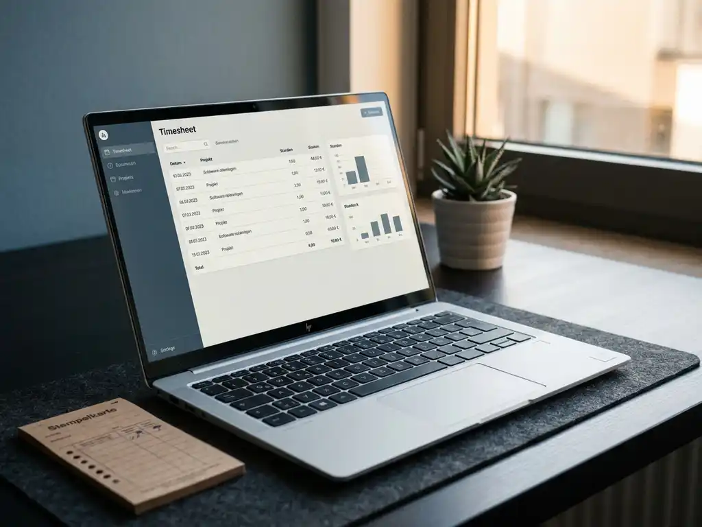 Laptop mit digitalem Stundennachweisdashboard auf Schreibtisch, daneben eine Stempelkarte, Büropflanze im Hintergrund.
