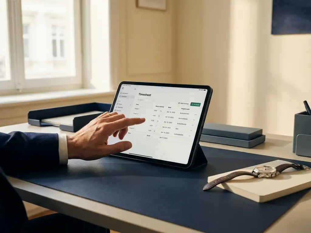 Hand tippt auf Tablet mit digitaler Arbeitszeiterfassung, mechanische Armbanduhr daneben auf modernem HR-Schreibtisch, warmes Tageslicht.