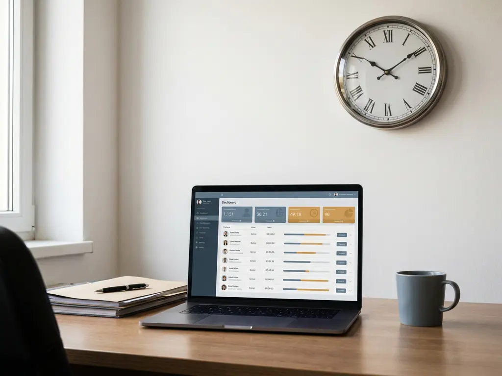 Laptop mit HR-Software-Dashboard zur Zeiterfassung auf einem aufgeräumten Büroschreibtisch, darüber eine analoge Wanduhr.