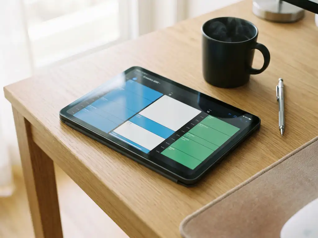 Tablet mit farbcodiertem digitalem Schichtplan auf einem aufgeräumten Büroschreibtisch neben Kaffeetasse und Bleistift.