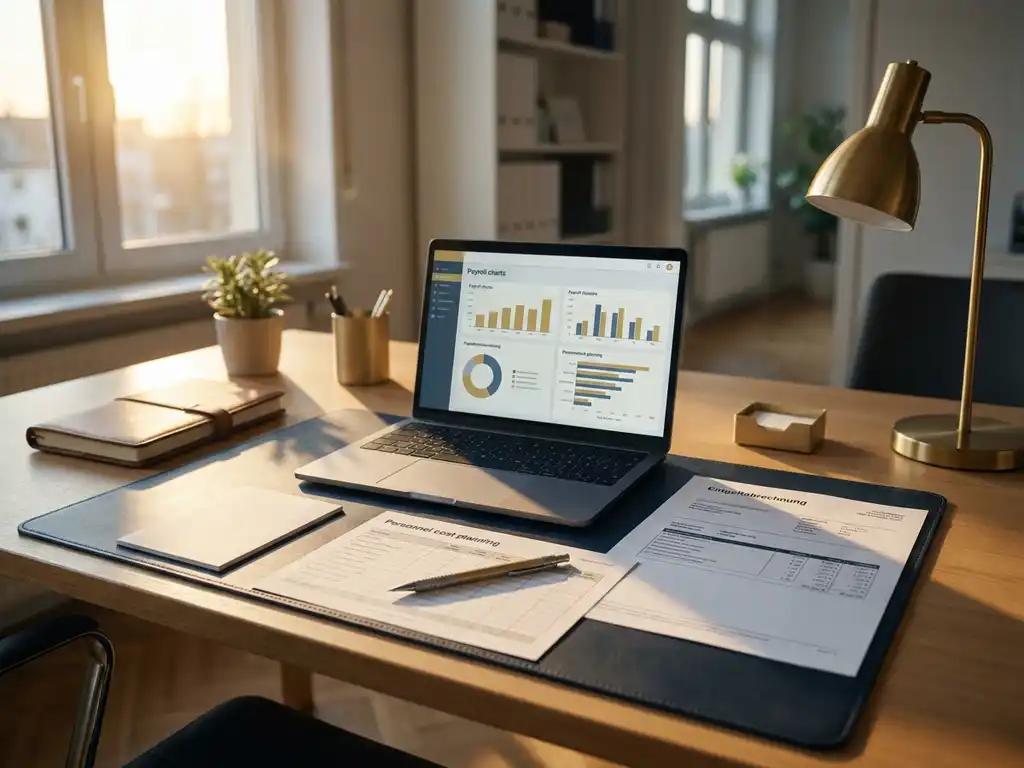 HR-Manager-Schreibtisch mit Entgeltabrechnung, Laptop mit Gehaltstabellen und Personalkostenplanung im goldenen Abendlicht.
