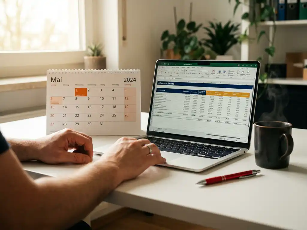 Gehaltsabrechnung auf dem Laptop neben einem deutschen Kalender mit markiertem Feiertag, rotem Stift und Kaffeetasse auf weißem Schreibtisch.