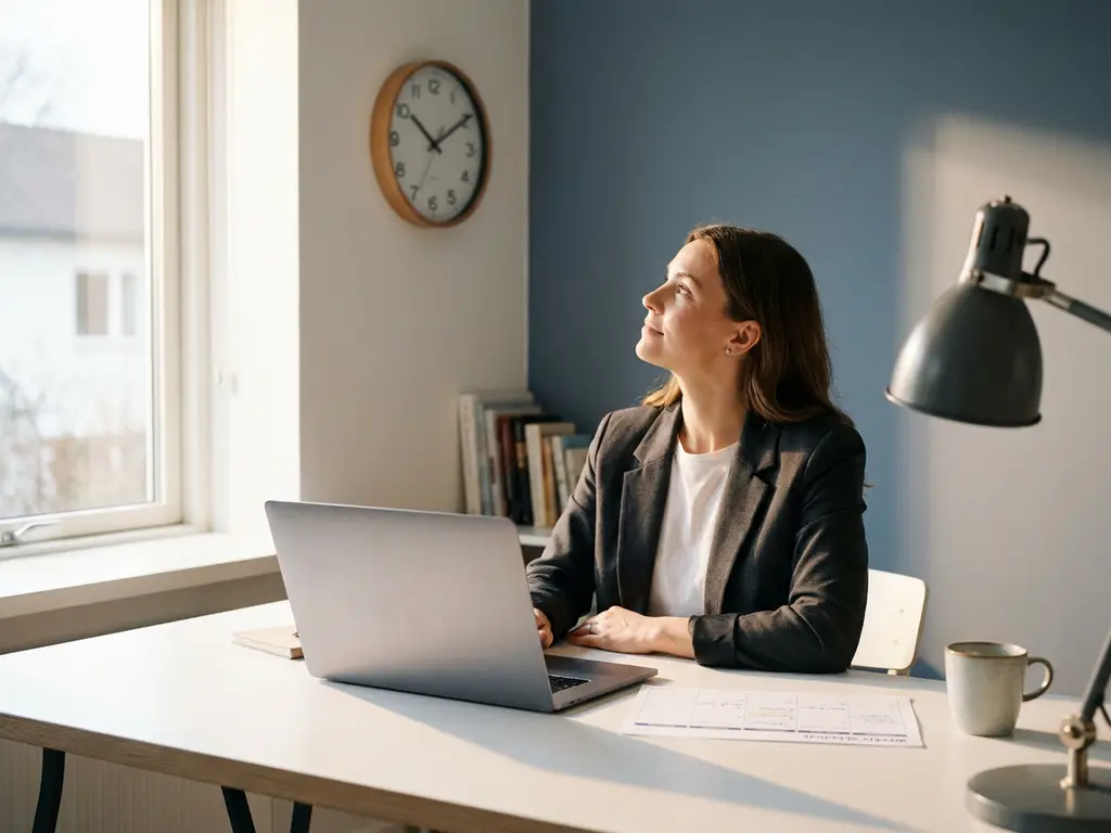 Frau im Homeoffice blickt auf analoge Wanduhr über dem Monitor, Laptop und Wochenplan auf weißem Schreibtisch, warmes Tageslicht.