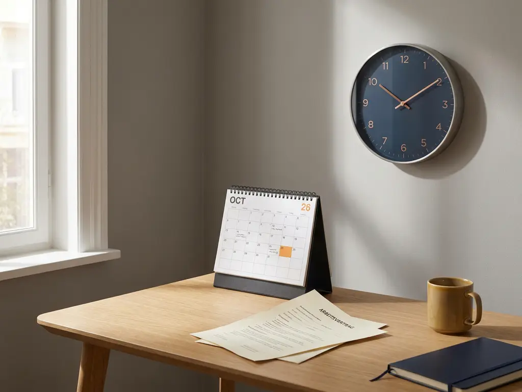Aufgeschlagener Schreibtischkalender mit markiertem Fristdatum neben analoger Wanduhr, darunter ein deutscher Arbeitsvertrag.
