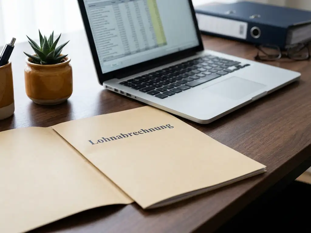 Gehaltsabrechnung mit Lohnabzügen auf modernem Schreibtisch, daneben Laptop mit Tabellenkalkulation und kleiner Topfpflanze.