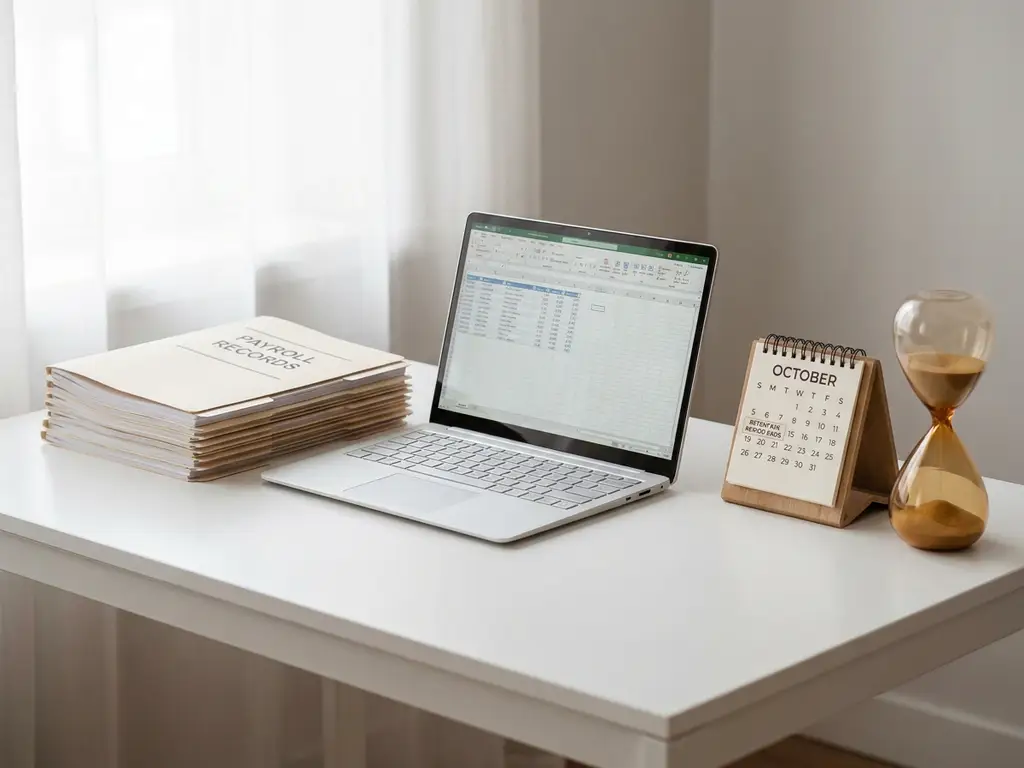 Gestapelte Gehaltsabrechnungen neben einem Laptop auf weißem Schreibtisch, mit Tischkalender und Sanduhr als Symbol für Aufbewahrungsfristen.