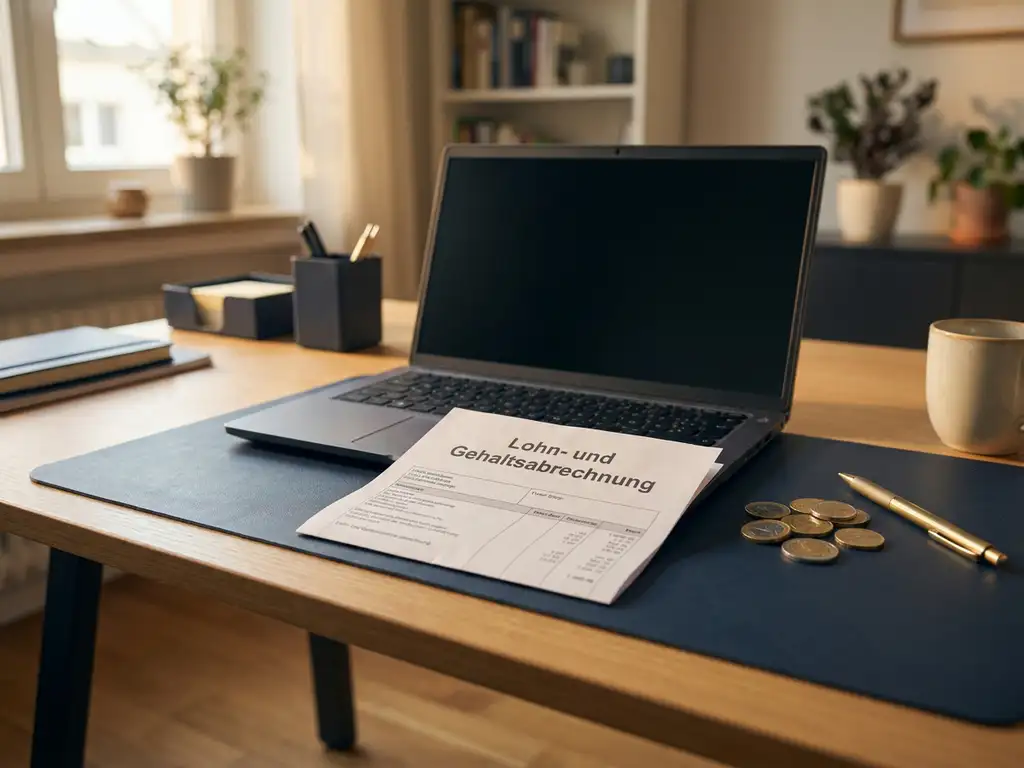 gehaltsabrechnung buero euro muenzen.jpg Deutsche Gehaltsabrechnung auf einem modernen Schreibtisch neben Laptop, Euromünzen und einem Stift im warmen Bürolicht.