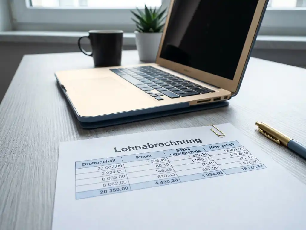 Deutsche Gehaltsabrechnung auf einem modernen Schreibtisch neben einem Laptop und einer Topfpflanze im Hintergrund.