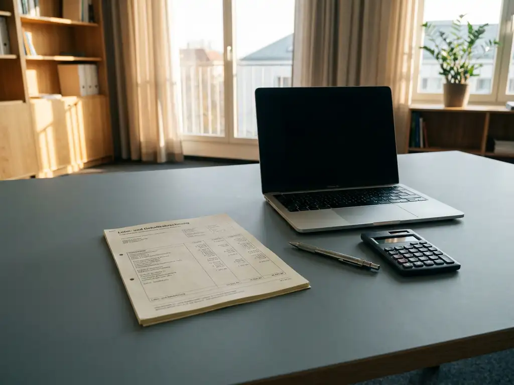 Deutsche Gehaltsabrechnung auf modernem Schreibtisch neben Laptop, Druckbleistift und Taschenrechner im warmen Bürolicht.
